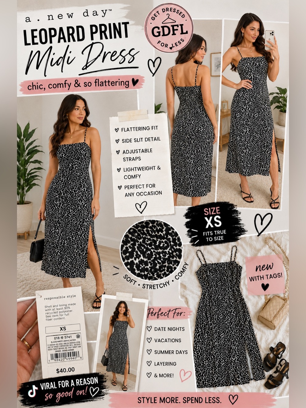 A New Day Leopard Print Midi Dress XS Side Slit Spaghetti Strap NWT